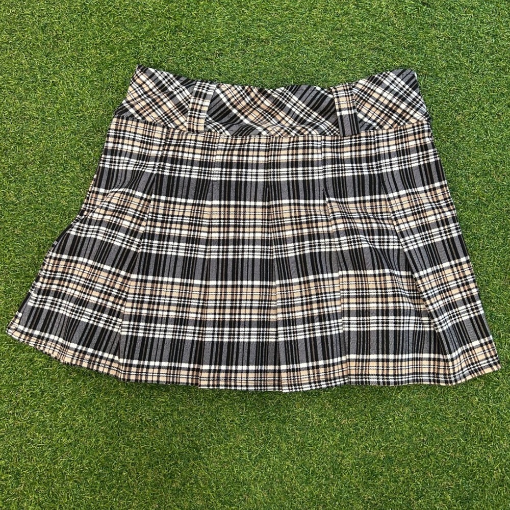Joe B Joe Benbasset Plaid Pleated Mini Skirt Black Tan White Academic Large